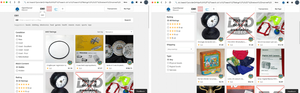 Screenshots of OpenBazaar 2.0 Search UI