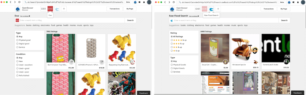 Screenshots of OpenBazaar 2.0 Search UI